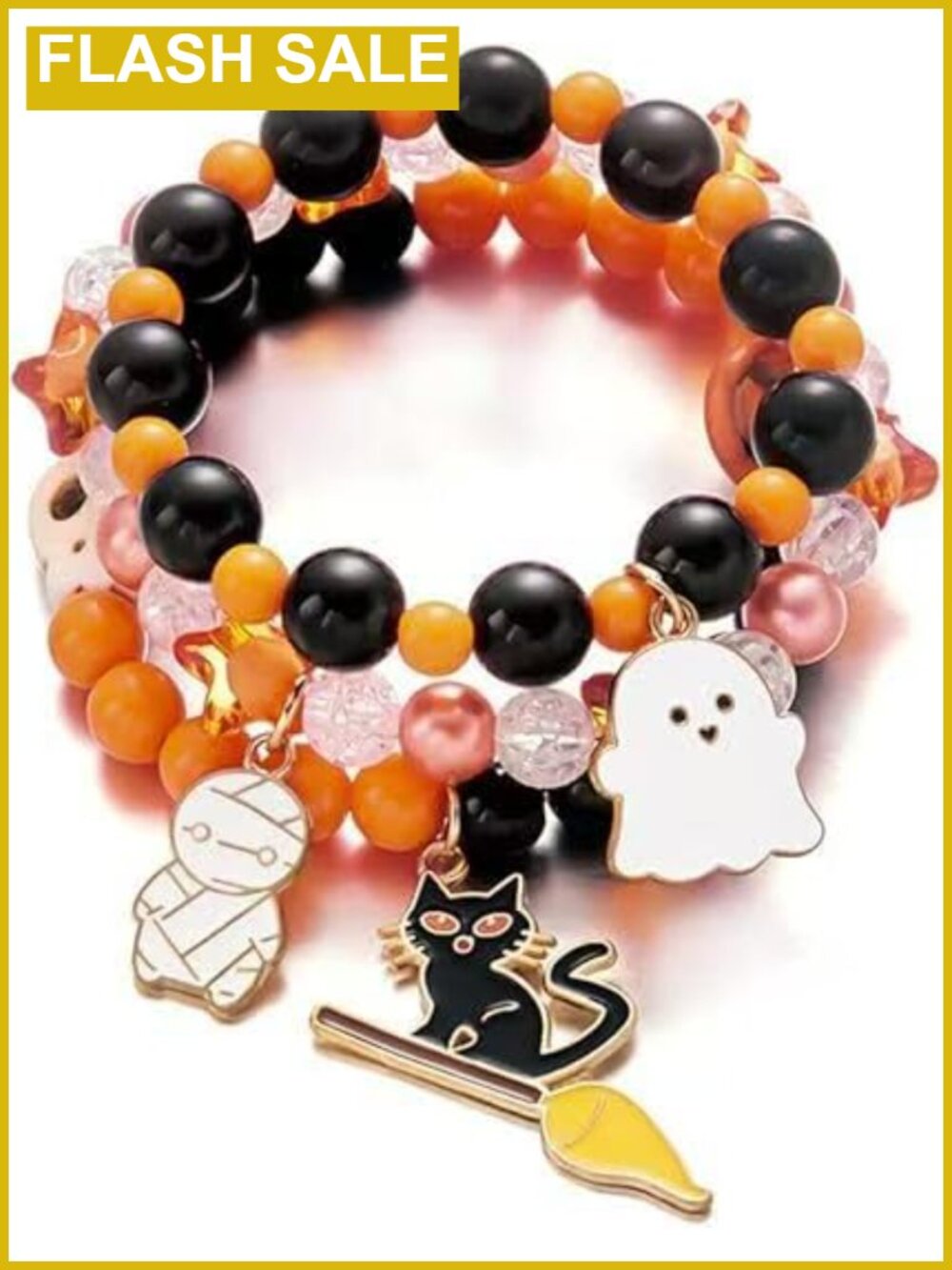 Halloween Beaded Bracelet Set of 3 with Charm Stretch Stackable